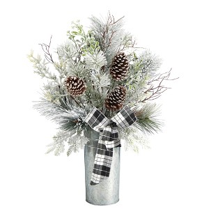 Nearly Natural 28-in Frosted Greenery and Pinecone with Plaid Bow Artificial Christmas Arrangement in Decorative Tin - 1 of 4