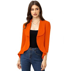 Women's Spring Fall Casual Blazers Puff Sleeve 3/4 Sleeve Solid Jackets Lapel Open Front Irregular Hem Work Suit Office Blazer - 1 of 4