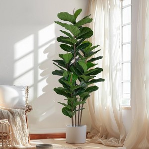MaseiKar Faux Fiddle Leaf Fig Tree 6 FT - Artificial Ficus Tree with Tall Artificial Plants 69 Fiddle Leaves Greenery - Lifelike Fake Tree for Home - 1 of 4