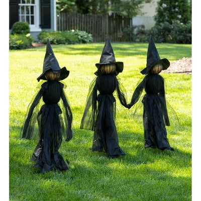 HearthSong 52-Inch Set of 3 Tall Glowing Witches Garden Stakes with Light-Up Heads, for Kids' Halloween Yard Decorating
