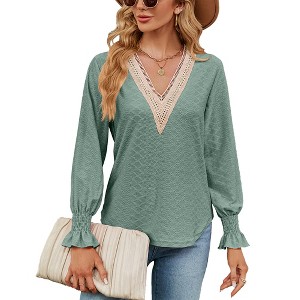 Womens Lantern Long Sleeve Fall Casual Shirt Lace V Neck Top Blouse - 1 of 4