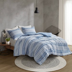 King/California King Kylar Striped Clipped Jacquard Duvet Cover Set Blue - Urban Habitat: Modern Lightweight Bedding with Button Closure - 1 of 4