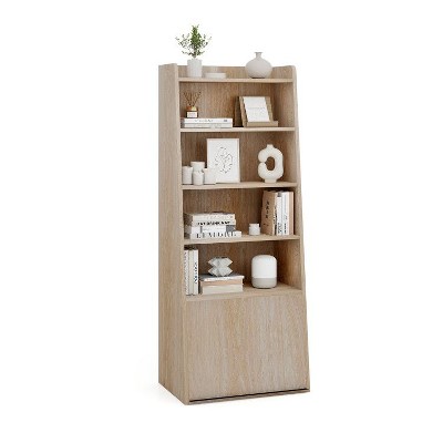 Yukimo 6-Tier Bookcase, Freestanding Ladder Bookshelf with 2 Adjustable Shelves and Flip Up Door, 19" x 13" x 47", White/Natural