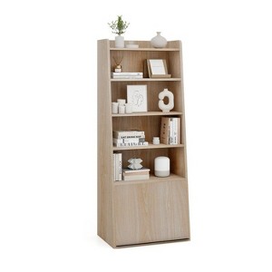 Yukimo 6-Tier Bookcase, Freestanding Ladder Bookshelf with 2 Adjustable Shelves and Flip Up Door, 19" x 13" x 47", White/Natural - 1 of 4