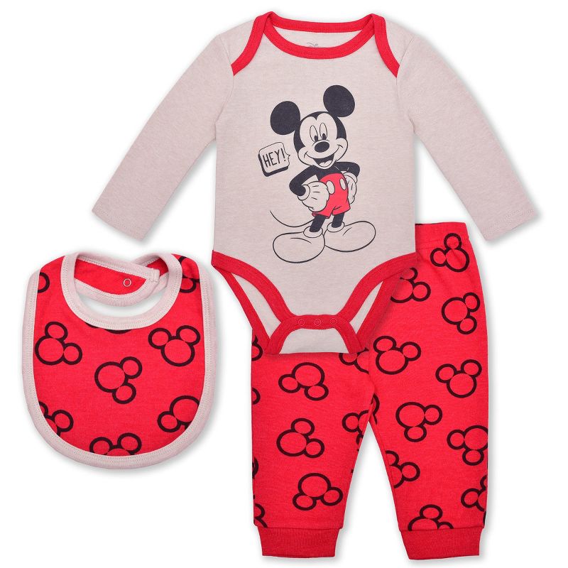 Disney Boy's 3-Pack Mickey Mouse Long Sleeve Baby Bodysuit Creeper, Bib and Jogger Pant Set for infant, 1 of 7