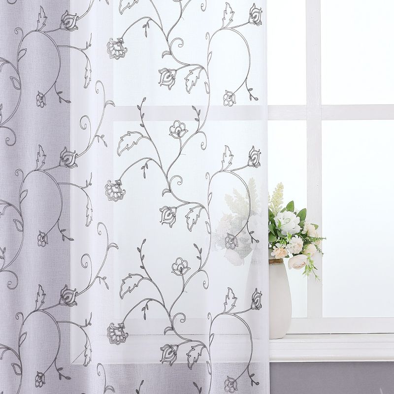 Kate Aurora 2 Piece Scroll Floral Embroidered Sheer Voile Grommet Top Window Curtains, 5 of 8