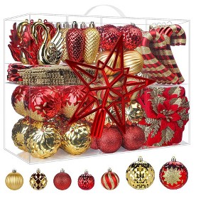 Aoibox 128pcs Christmas Ornament Set Shatterproof Baubles Flowers Snowflakes Tree Topper Red Gold for Holiday Wedding Party Decor - 1 of 4