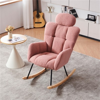 SKRAN Teddy Fabric Upholstered Rocking Chair,Accent Armchair Padded Seat with High Backrest and Pillow for Living Room, Bedroom, Nursery(Pink)