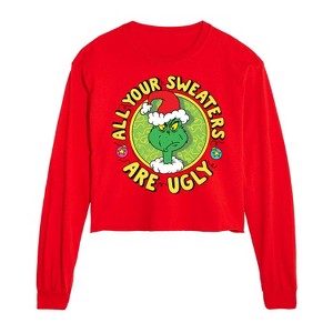 Dr. Seuss The Grinch Christmas All Your Sweaters Are Ugly Cropped Long Sleeve T-Shirt - Red - Large - 1 of 2