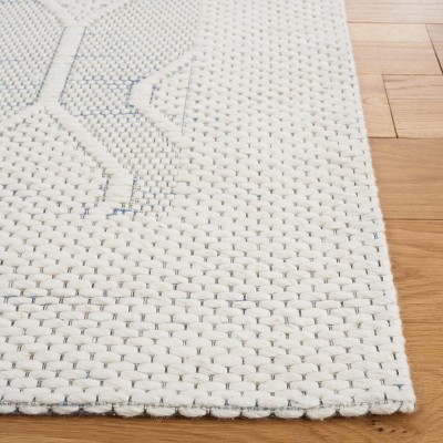 Ivory and Light Blue Geometric Wool Area Rug, 5' x 8'
