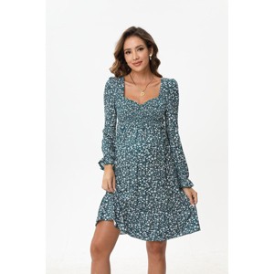 A heart-shaped collar long sleeved printed short maternity dress with dark green floral print (print) dark green print_S - 1 of 4