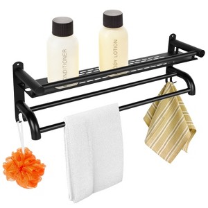 NewHome"2-Tier Wall Mounted Towel Rack with Nail-Free Stickers, Bathroom Storage Shelf & Towel Holder"Black - 1 of 4