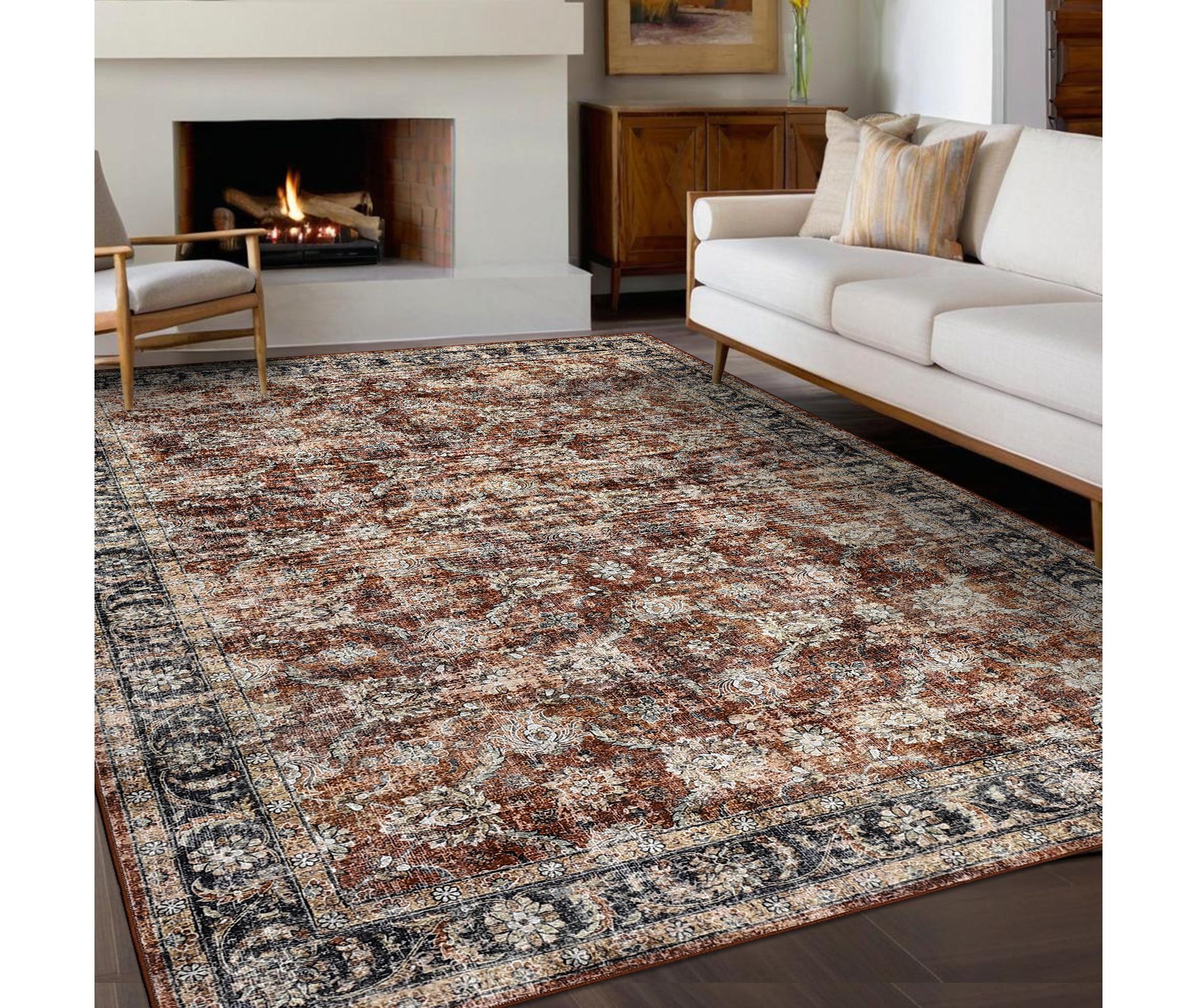 9'x12' Washable Rug Living Room Rug Vintage Floral Rug Oriental Area Rug, Non Slip Low Pile Rug, 9'x12' Red