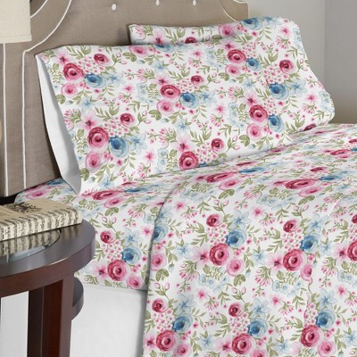 Queen Gray Cotton Flannel Floral Sheet Set