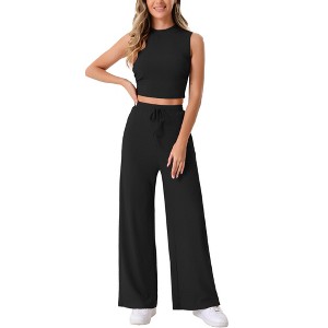 Allegra K Women's 2 Piece Crew Neck Sleeveless Crop Tank and Wide Leg Pants Summer Lounge Set - 1 of 4