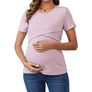 INSPIRE CHIC Women's Ribbed Knit Short Sleeve Nursing Shirts Crossover Maternity Breastfeeding Tops - 1 of 4