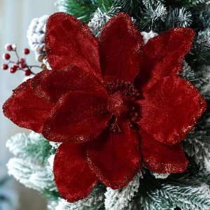 12PCS Glitter Magnolia Flowers for Christmas, 12 Inch Velvet Artificial Flowers with Pearls for Xmas Tree Decorations, Wreaths, Centerpieces, Garden - 1 of 4