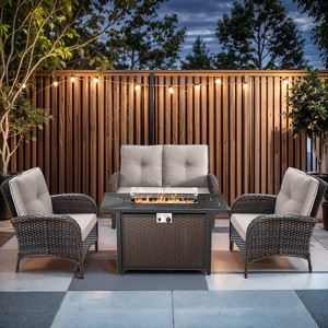 Buenhomino 5-Piece Patio Furniture Set with Fire Pit Table Wicker Outdoor Patio Chairs High Back Glider Loveseat Conversation Set - 1 of 4