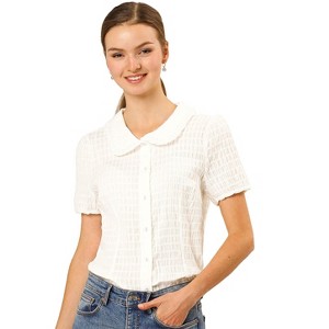 INSPIRE CHIC Women's Sweet Ruffle Trim Peter Pan Collar Button-Down Shirt - 1 of 4