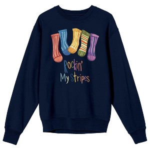 Autism Awareness Rockin’ My Stripes Adult Navy Crew Neck Long Sleeve Sweatshirt - 1 of 3