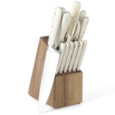 Attop 15-Piece Knife Block Set - High Carbon Stainless Steel Chef's Knife with Acacia Wood Block and Sharpening Steel, Off-White