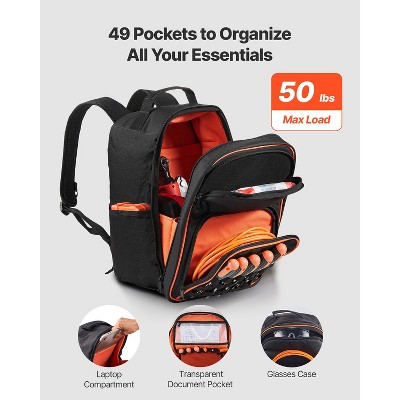 VEVOR Tool Backpack, 49 Pockets, Heavy-duty Tools Storage Organizer Work Bags with Laptop Compartment & Reinforced Fabric Base, Black+Orange — фото 3