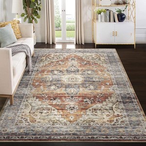 Living Room Rug, 2'x6' Washable Vintage Rug, Stain-Resistant with Non-Slip Backing, Soft and Ideal for Nursery or Apartment, Brown - 1 of 4