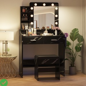 Makeup Vanity Desk w/Mirror and Lights Wood Vanity Table w/ Drawers Open Shelves Charging Station - 1 of 4
