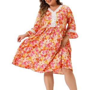 Agnes Orinda Women's Plus Size Floral Print Ruffle 3/4 Sleeve V Neck Lace Hollow Panel Retro Babydoll Midi A Line Dresses - 1 of 4