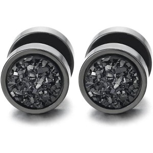 10mm Women Mens Black Circle Stud Earrings Black Glitter, Steel Cheater Fake Ear Plugs Gauges Tunnel - 1 of 4