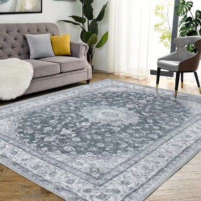 Washable Vintage Rug Non Slip Low Pile Rug Soft Throw Floor Cover Floral Foldable Indoor Carpet for Living Room Bedroom Playroom Nursery
