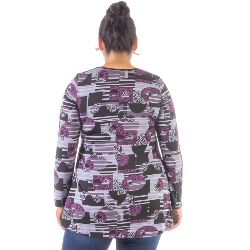 24seven Comfort Apparel Womens Purple Print Scoop Neck Long Sleeve Plus Size Tunic Top, 3 of 5