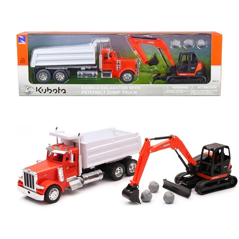 Peterbilt Dump Truck Orange and White and Kubota KX080-4 Excavator Orange  and Black with Rocks 1/32 Diecast Model by New Ray