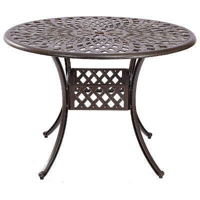 Kinger Home 41 Inch Arden Round Rustic Lattice Pattern Cast Aluminum Outdoor Patio Dining Table w/ 2.5 Inch Center Umbrella Hole, Oil Rubbed Bronze