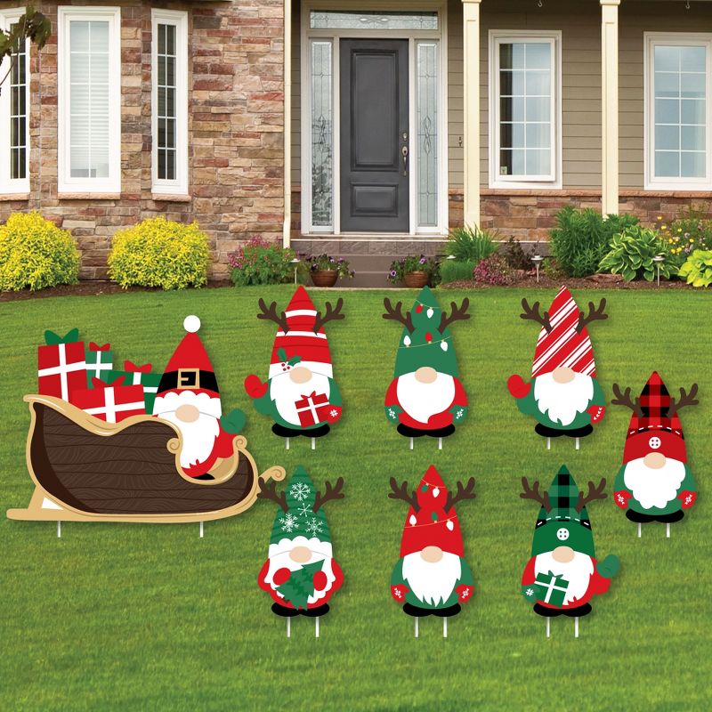 Big Dot of Happiness Red and Green Holiday Gnomes Santa Sleigh - Yard Sign and Outdoor Lawn Decorations - Christmas Party Yard Signs - Set of 8, 1 of 8