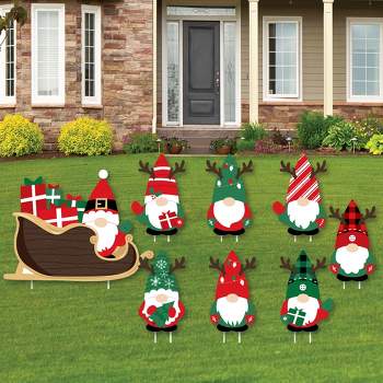 Big Dot of Happiness Red and Green Holiday Gnomes Santa Sleigh - Yard Sign and Outdoor Lawn Decorations - Christmas Party Yard Signs - Set of 8