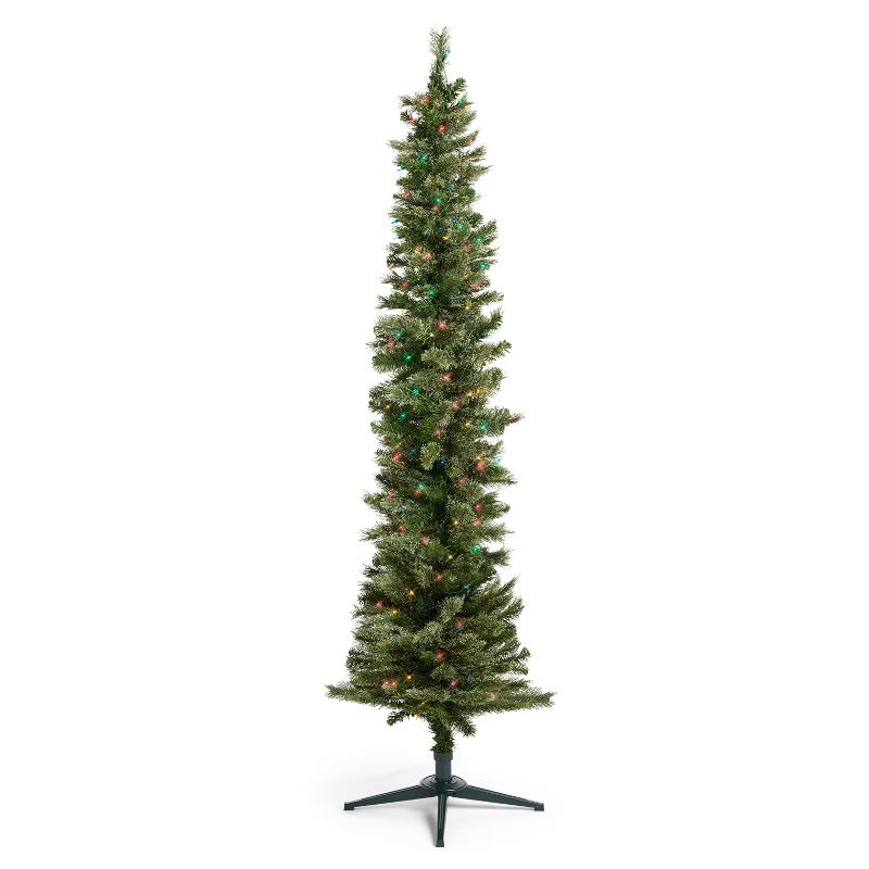 Home Heritage Pre-Lit Skinny Artificial Pine Christmas Tree with Lights and Foldable Stand, 1 of 7