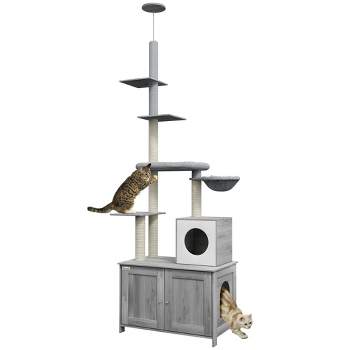 PawHut 2 in 1 Litter Box Enclosure with Floor to Ceiling Cat Tree, Condo, Bed, Hammock, Scratching Posts, and Platforms, Gray