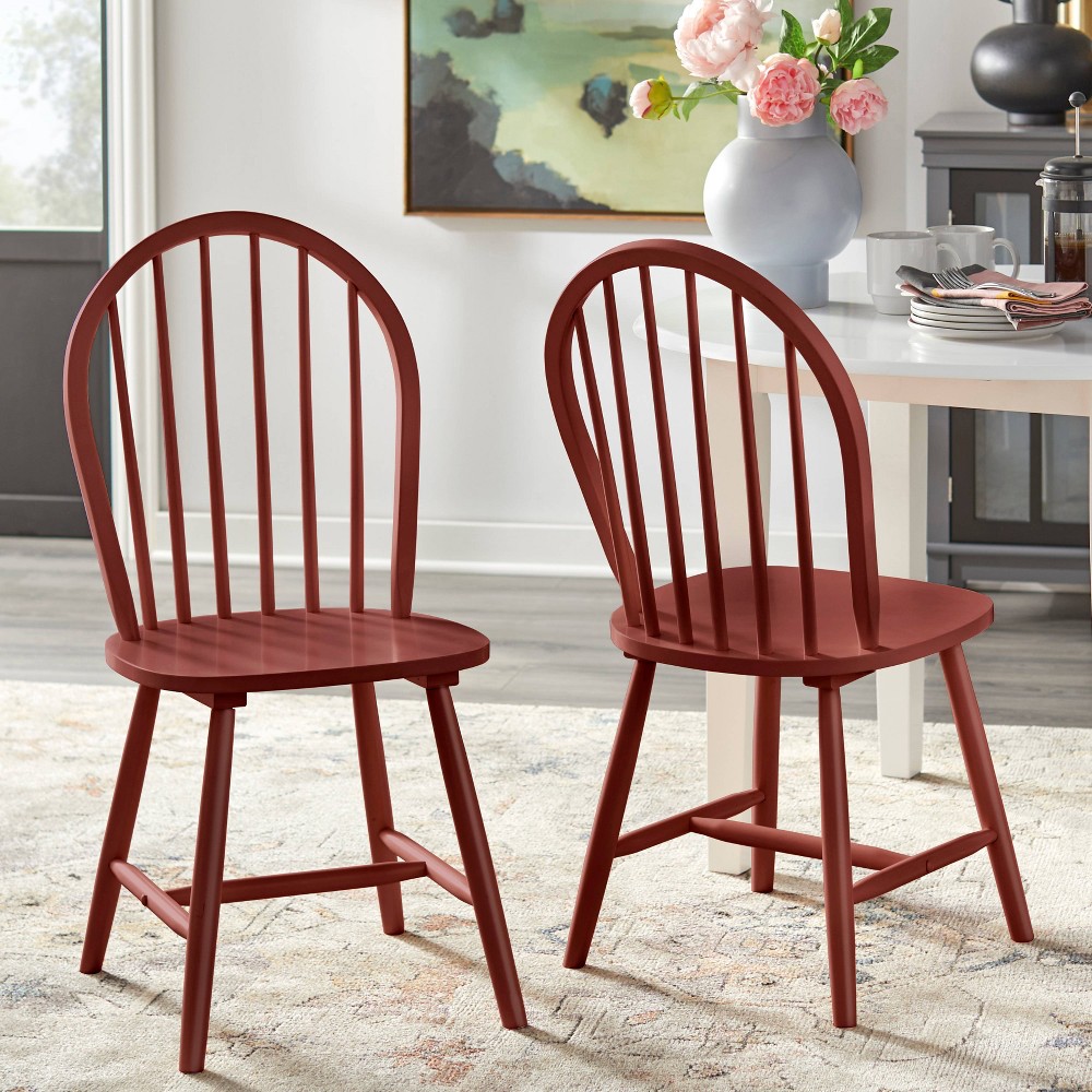 Buylateral Set of 2 Farmhouse Solid Wood Spindle Windsor Dining Chairs Red: Rubberwood Construction, Spindle Back, Armless Design