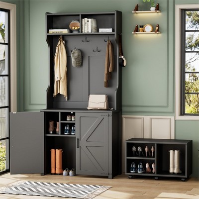 Entryway Hall Tree with Storage Bench, 76.9" Tall Entryway Bench with Coat Rack, Coat Rack with 6 Wheels Movable Bench for Living Room Hallway