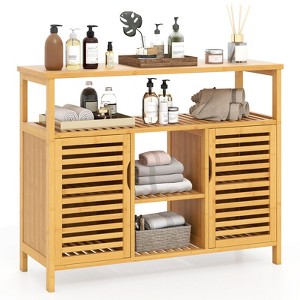 Tangkula Bamboo Bathroom Cabinet 2-Door Storage Organizer w/ Shelves for Living Room - 1 of 4