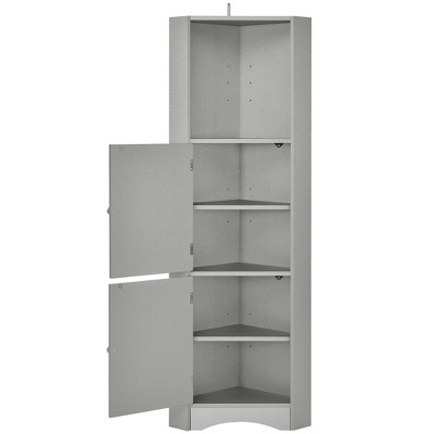 61 In. Tall Bathroom Corner Cabinet, Freestanding Storage Cabinet with Doors and Adjustable Shelves, MDF Board