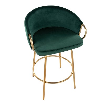 Emerald Green Velvet Swivel Counter Stools with Gold Metal Base, Set of 2