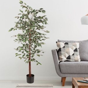 Nature Spring 5 ft Ficus Artificial Tree - Fake Plant with Variegated Leaves and Natural Trunk - Topiary Decor for Indoor or Outdoor - 1 of 4