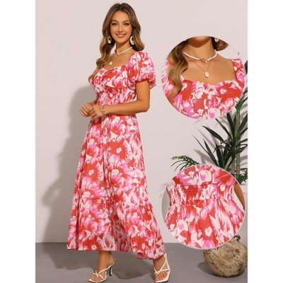 Женские платья INSPIRE CHIC Women's Floral Square Neck Puff Short Sleeve High Waist Smocked Back Flowy Tiered Maxi Dress Pink X-Small — фото 2