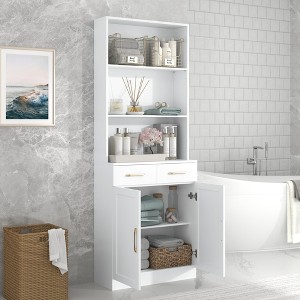 TIRAMISUBEST Bathroom Storage Cabinet, Cabinet with Two Doors and Drawers, Adjustable Shelf, Three-layer Open Shelf, MDF Board, White - 1 of 4