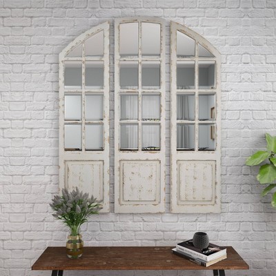 White Distressed Wood Windowpane Arched Decorative Mirror Set