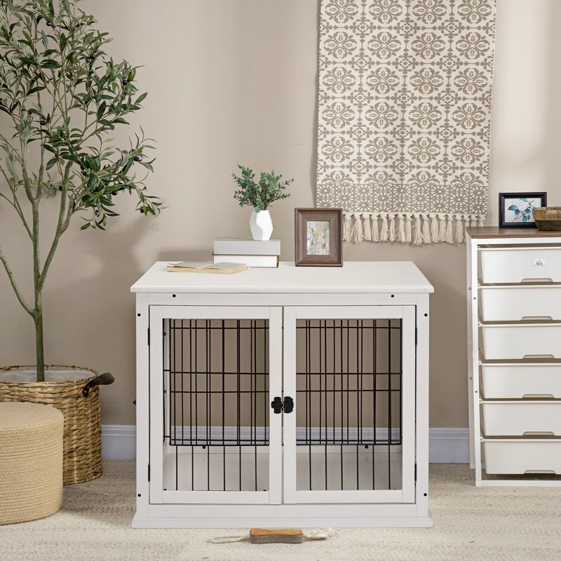 PawHut 26" Wooden Dog Crate, Furniture Style Pet Cage Kennel, End Table, with Lockable Double Door Entrance, and Top Shelf, 3 of 12