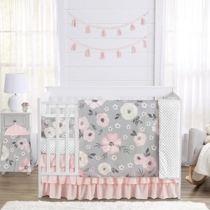 Sweet Jojo Designs Girl Crib Bedding + BreathableBaby Breathable Mesh Liner Baby Nursery Watercolor Floral Grey Pink and White - 1 of 4