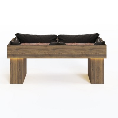 Heynemo Elevated Dog Bed Modern Wooden Pet Bed with 2 Cushions and Led Light, Small to Medium Elevated Pet Bed with Storage shelves